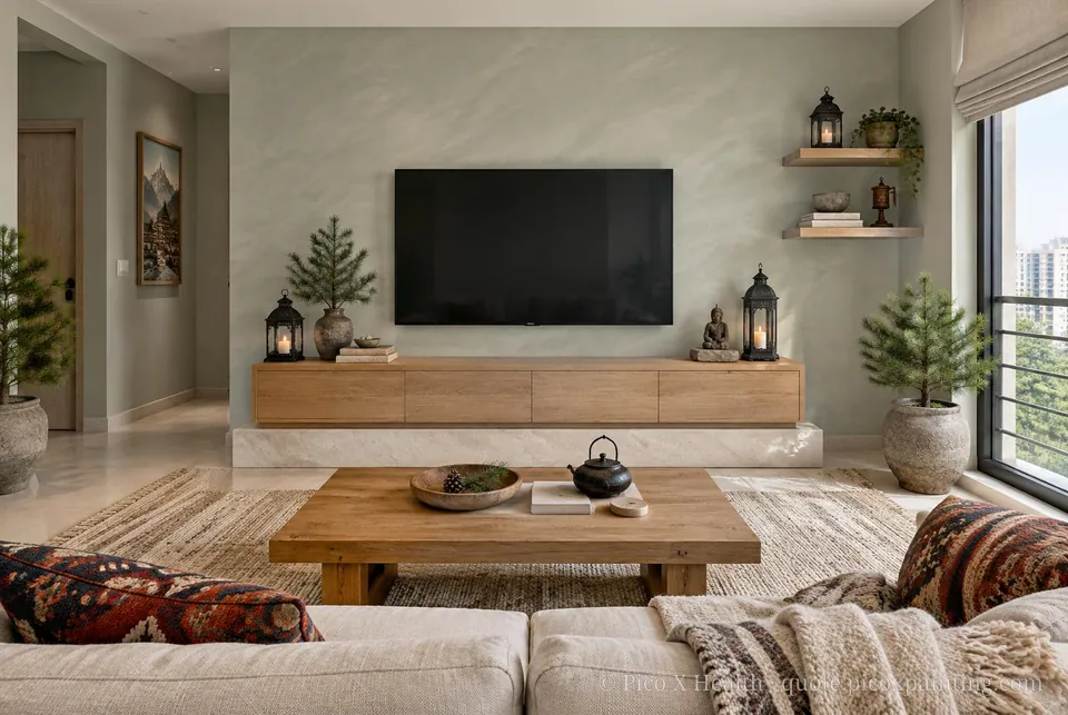 Himalayan Retreat Soft / Airy living room — Gush Core/Care Aloe (GR008A) walls with a Raffles Silver Sage limewash feature wall and Himalayan Retreat furnishings