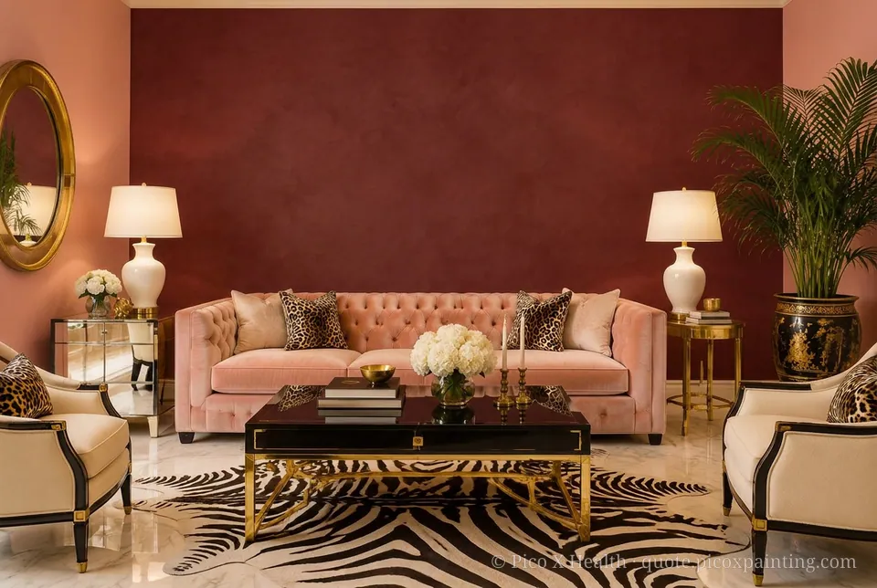 Hollywood Regency Rich / Statement living room — Gush Core/Care Date Night (RE000B) walls with a Raffles Burgundy Bazaar limewash feature wall and Hollywood Regency furnishings