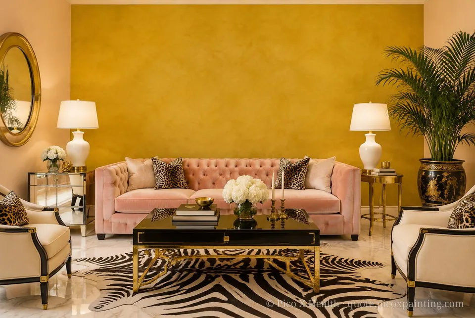 Hollywood Regency Soft / Airy living room — Gush Core/Care Bellylaugh (PI009A) walls with a Raffles Golden Euphoria limewash feature wall and Hollywood Regency furnishings