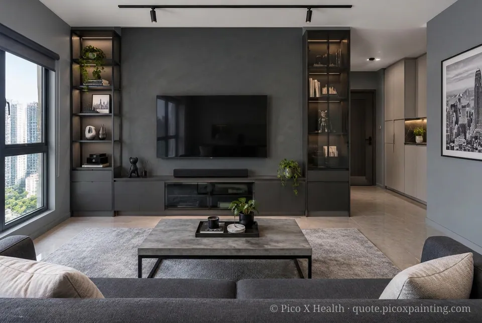 Hong Kong Modern Rich / Statement living room — Gush Core/Care Stellar (XR056B) walls with a Raffles Dark Sky limewash feature wall and Hong Kong Modern furnishings