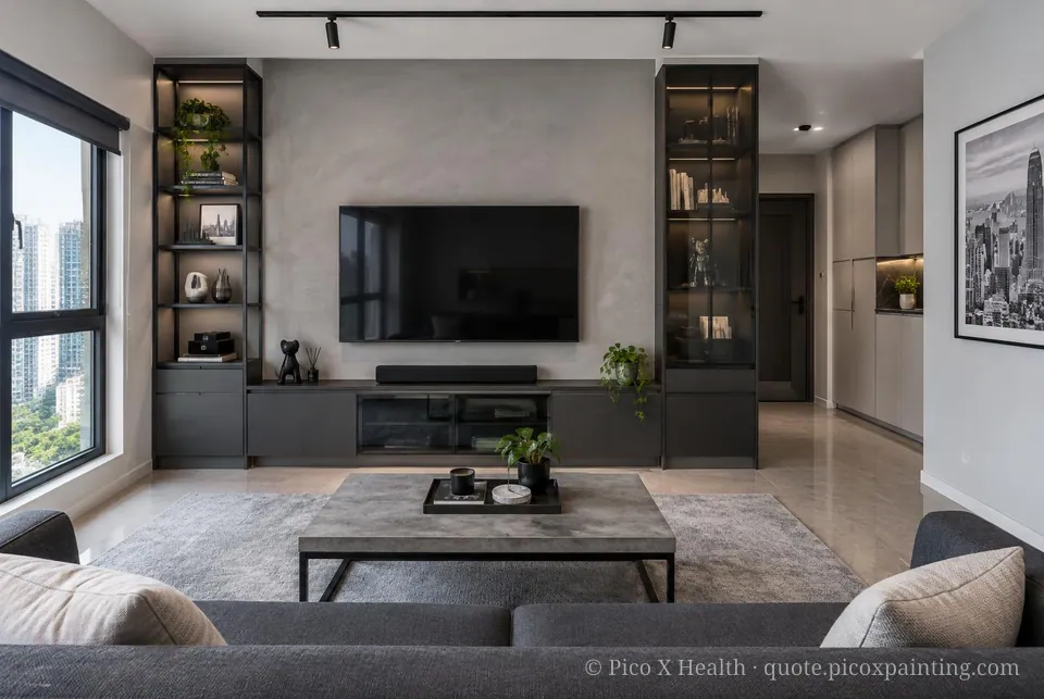 Hong Kong Modern Soft / Airy living room — Gush Core/Care Cooldown (XR001A) walls with a Raffles Cement Gray limewash feature wall and Hong Kong Modern furnishings