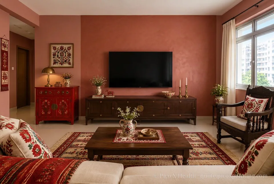 Hungarian Folk Rich / Statement living room — Gush Core/Care Date Night (RE000B) walls with a Raffles Terracota limewash feature wall and Hungarian Folk furnishings
