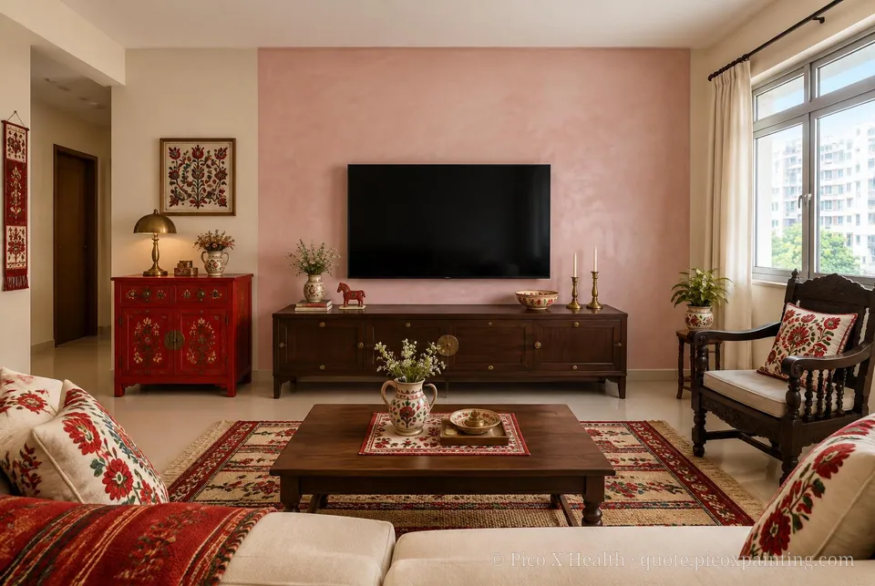 Hungarian Folk Soft / Airy living room — Gush Core/Care Tutu Kueh (NE056A) walls with a Raffles Cherry Blossom limewash feature wall and Hungarian Folk furnishings