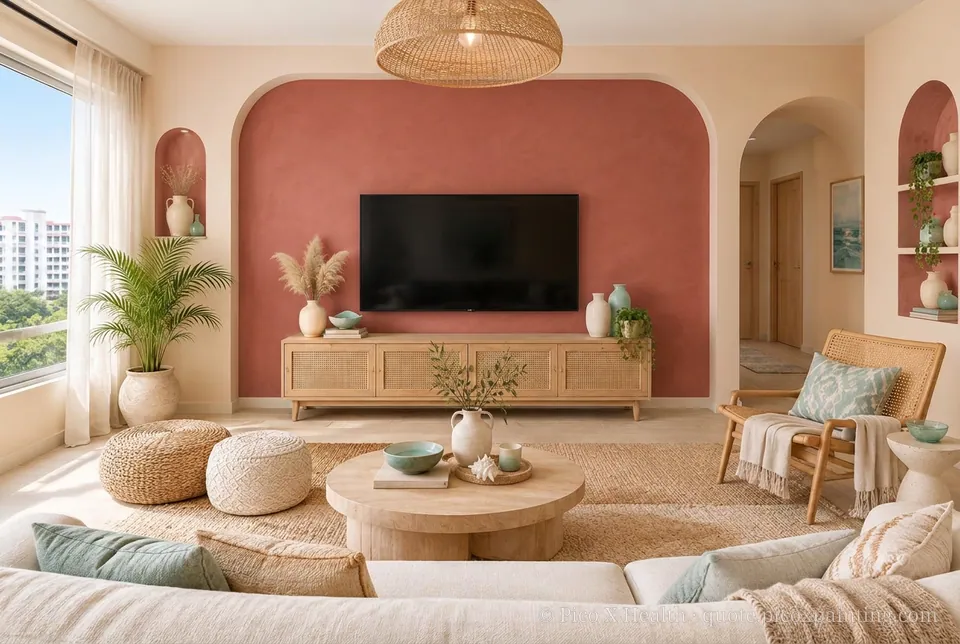 Ibiza Bohemian Rich / Statement living room — Gush Core/Care Breadwinner (NE028B) walls with a Raffles Terracota limewash feature wall and Ibiza Bohemian furnishings