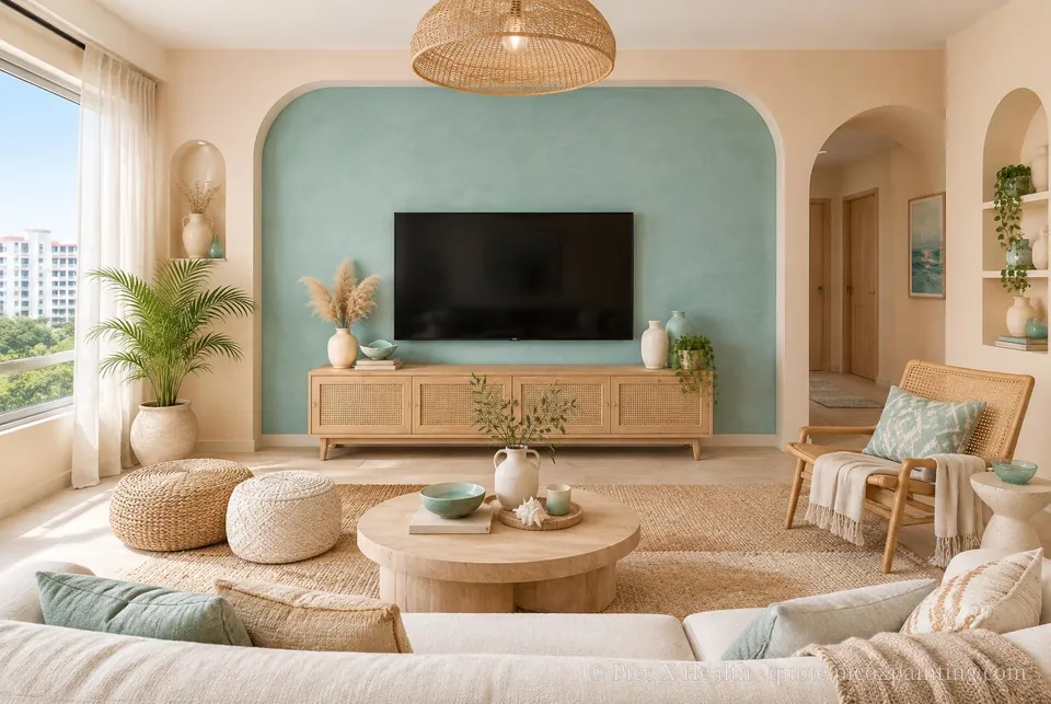 Ibiza Bohemian Soft / Airy living room — Gush Core/Care Private Island (PI011A) walls with a Raffles Aqua Fern limewash feature wall and Ibiza Bohemian furnishings
