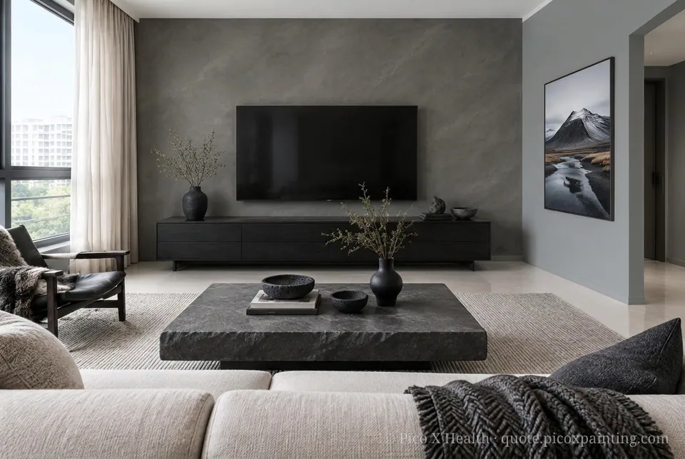 Icelandic Volcanic Rich / Statement living room — Gush Core/Care Pebble (XR026B) walls with a Raffles Foggy Gray limewash feature wall and Icelandic Volcanic furnishings