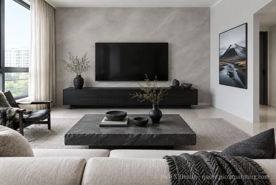 Icelandic Volcanic Soft / Airy living room — Gush Core/Care Street (XR029A) walls with a Raffles Ashen Mist limewash feature wall and Icelandic Volcanic furnishings