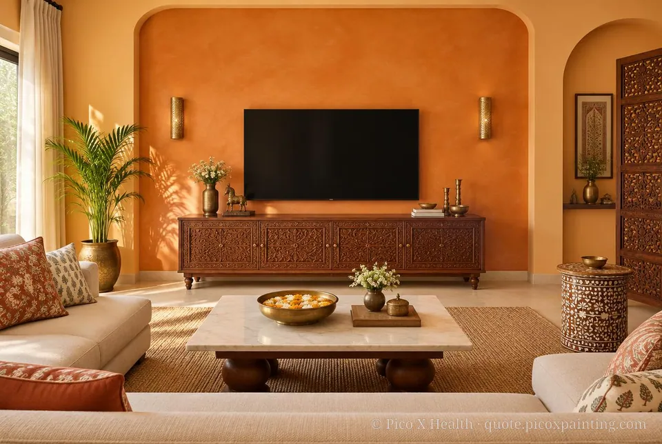 Indian Contemporary Rich / Statement living room — Gush Core/Care Mango (OR002B) walls with a Raffles Mandarin Mirage limewash feature wall and Indian Contemporary furnishings