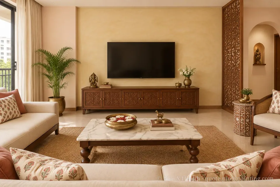 Indian Contemporary Soft / Airy living room — Gush Core/Care Private Island (PI011A) walls with a Raffles Sugar Terra limewash feature wall and Indian Contemporary furnishings
