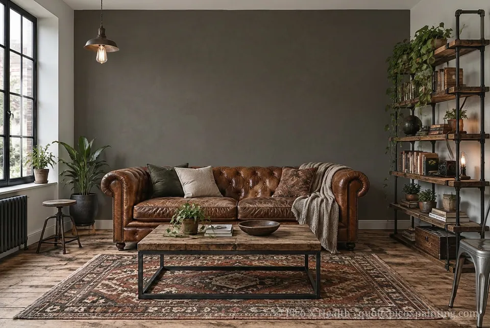 Industrial Rich / Statement living room — Gush Core/Care Window Gazing (XR005A) walls with a Raffles Foggy Gray limewash feature wall and Industrial furnishings
