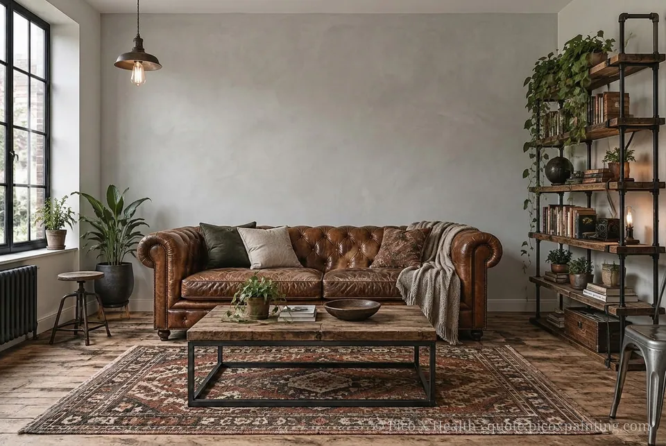 Industrial Soft / Airy living room — Gush Core/Care Fairytale (XR076A) walls with a Raffles Ashen Mist limewash feature wall and Industrial furnishings