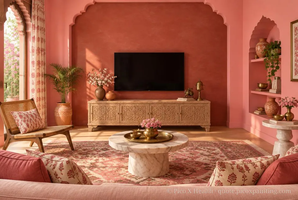 Jaipur Pink Rich / Statement living room — Gush Core/Care Octane (PI021B) walls with a Raffles Terracota limewash feature wall and Jaipur Pink furnishings