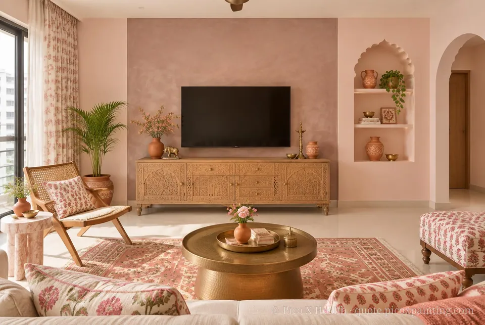 Jaipur Pink Soft / Airy living room — Gush Core/Care Mamma Mia (PI006A) walls with a Raffles Pink Velvet limewash feature wall and Jaipur Pink furnishings