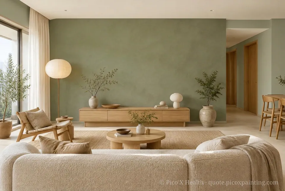 Japandi Rich / Statement living room — Gush Core/Care Malfoy (GR020B) walls with a Raffles Olive Overturn limewash feature wall and Japandi furnishings