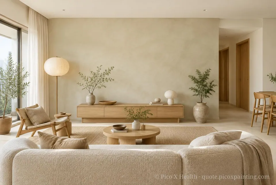 Japandi Soft / Airy living room — Gush Core/Care Pillowtalk (WH006A) walls with a Raffles Champange Cream limewash feature wall and Japandi furnishings