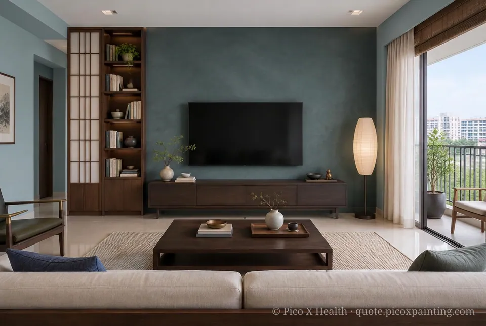 Japanese Modern Rich / Statement living room — Gush Core/Care Fahrenheit (BL045B) walls with a Raffles Midnight Melody limewash feature wall and Japanese Modern furnishings