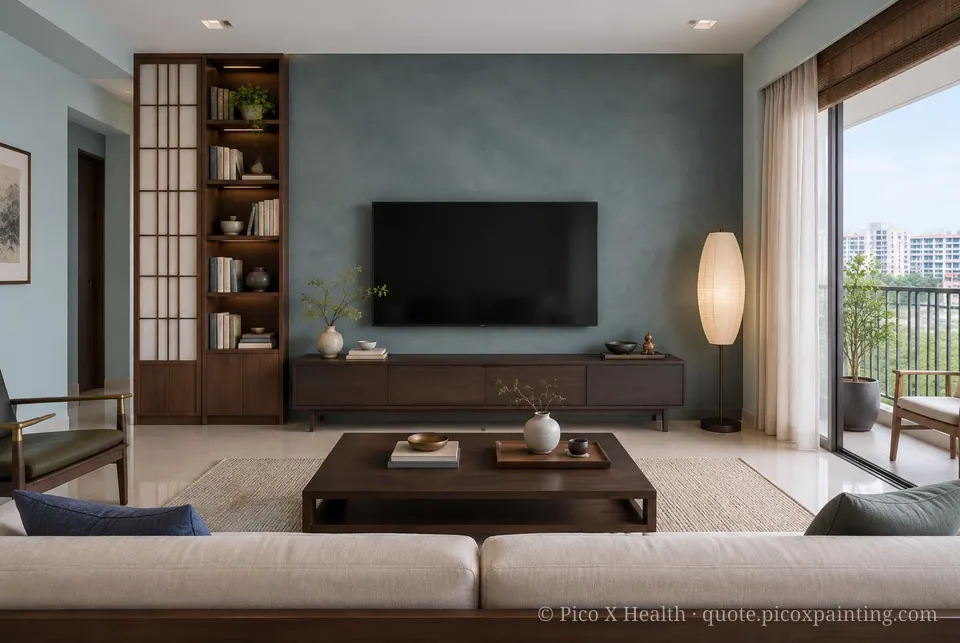 Japanese Modern Soft / Airy living room — Gush Core/Care Mindful (BL000A) walls with a Raffles Steel Blue limewash feature wall and Japanese Modern furnishings