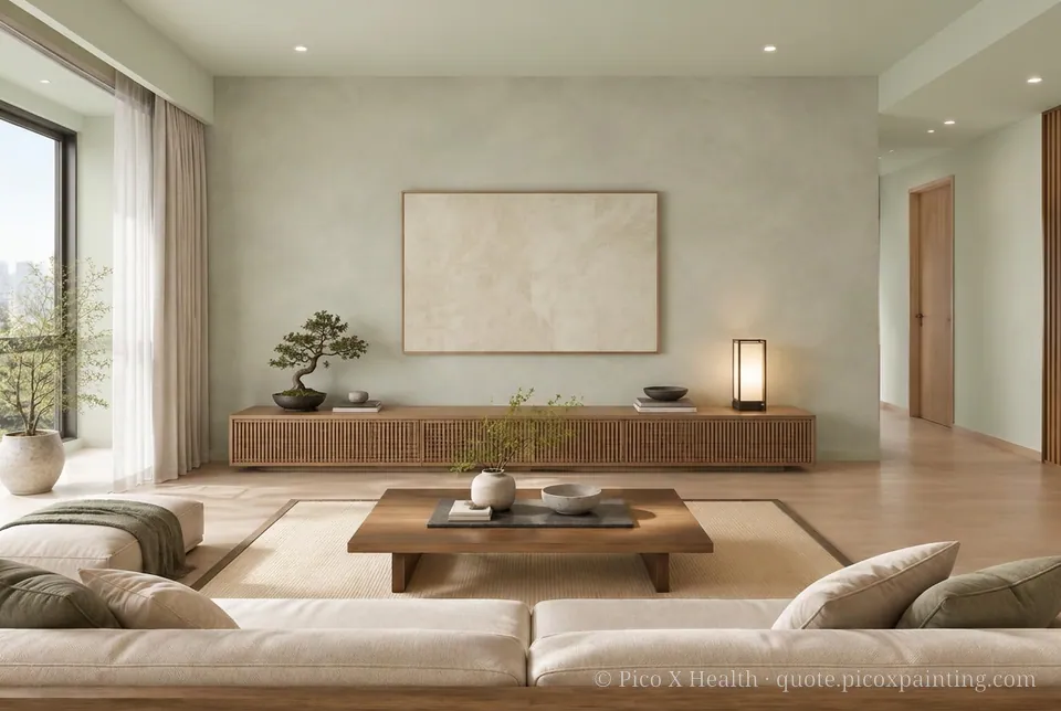 Japanese Zen Rich / Statement living room — Gush Core/Care Sage Wand (GR016A) walls with a Raffles Silver Sage limewash feature wall and Japanese Zen furnishings