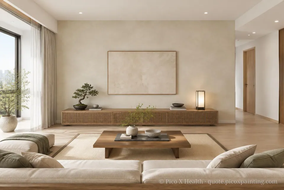 Japanese Zen Soft / Airy living room — Gush Core/Care Koyo (WH005A) walls with a Raffles Soft Linen limewash feature wall and Japanese Zen furnishings