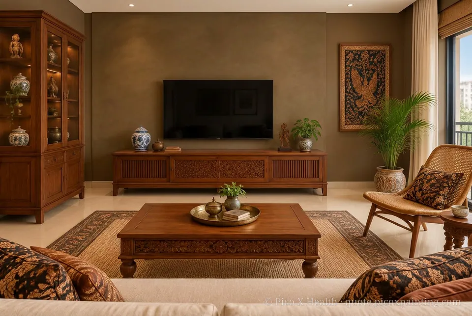 Javanese Teak Rich / Statement living room — Gush Core/Care Coffee Beam (NE015B) walls with a Raffles Toffee Delight limewash feature wall and Javanese Teak furnishings