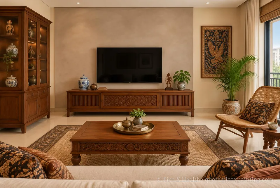 Javanese Teak Soft / Airy living room — Gush Core/Care Retriever (NE014B) walls with a Raffles Mocha Silk limewash feature wall and Javanese Teak furnishings
