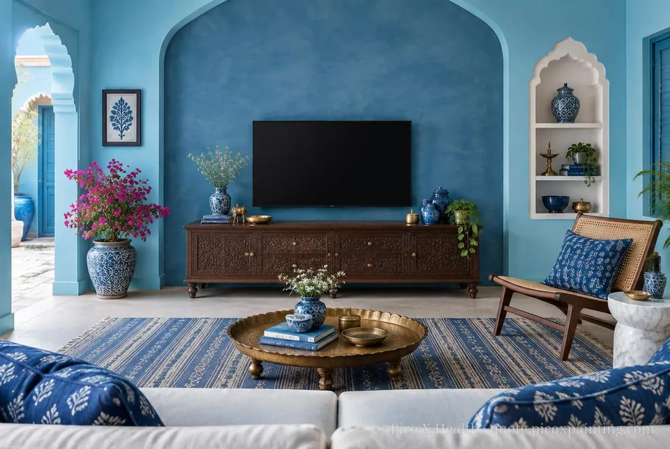 Jodhpur Blue Rich / Statement living room — Gush Core/Care Lazuli (BL020B) walls with a Raffles Indigo Lagoon limewash feature wall and Jodhpur Blue furnishings