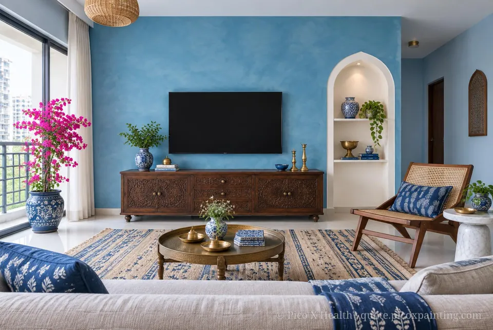 Jodhpur Blue Soft / Airy living room — Gush Core/Care Shallow (BL001A) walls with a Raffles Azure Sky limewash feature wall and Jodhpur Blue furnishings