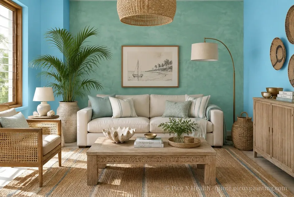 Kenyan Coastal Rich / Statement living room — Gush Core/Care Lazuli (BL020B) walls with a Raffles Jade Oasis limewash feature wall and Kenyan Coastal furnishings