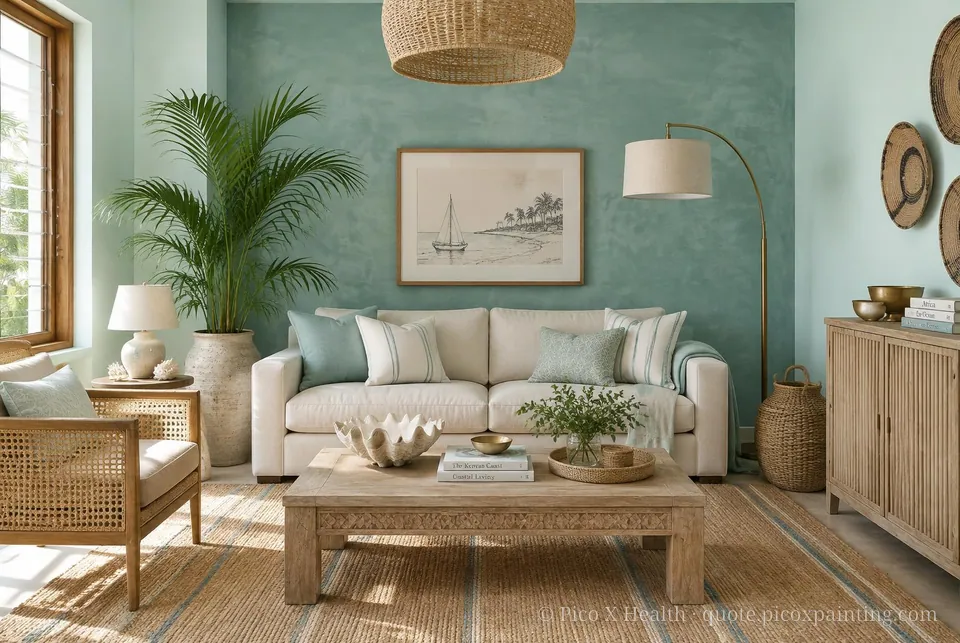 Kenyan Coastal Soft / Airy living room — Gush Core/Care Lazy River (BG000A) walls with a Raffles Aqua Fern limewash feature wall and Kenyan Coastal furnishings