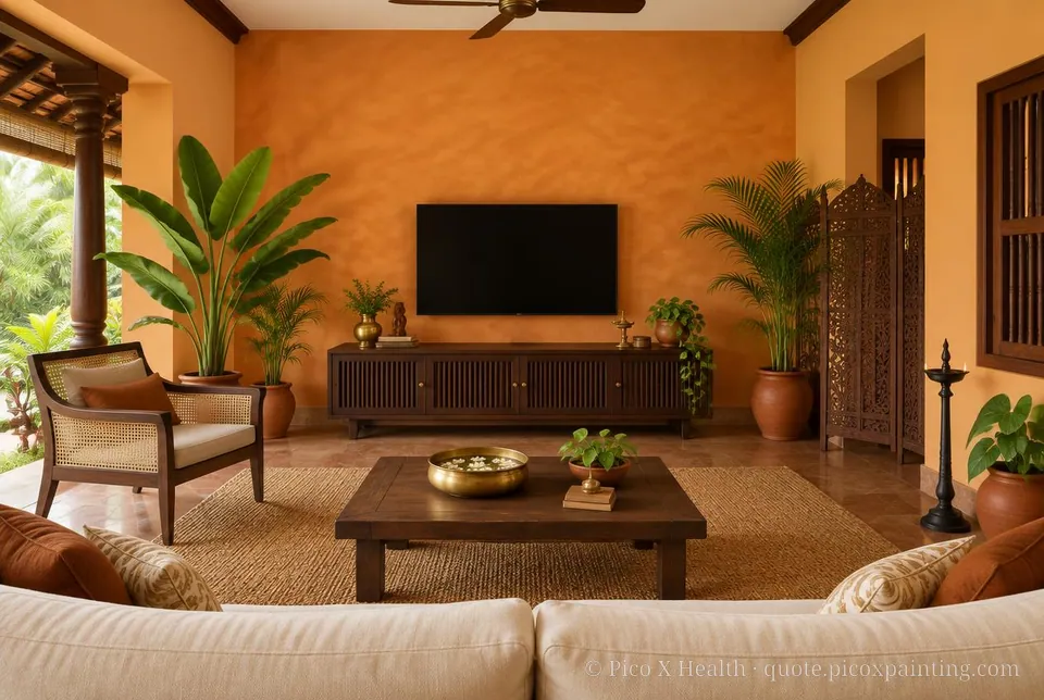 Kerala Courtyard Rich / Statement living room — Gush Core/Care Mango (OR002B) walls with a Raffles Mandarin Mirage limewash feature wall and Kerala Courtyard furnishings