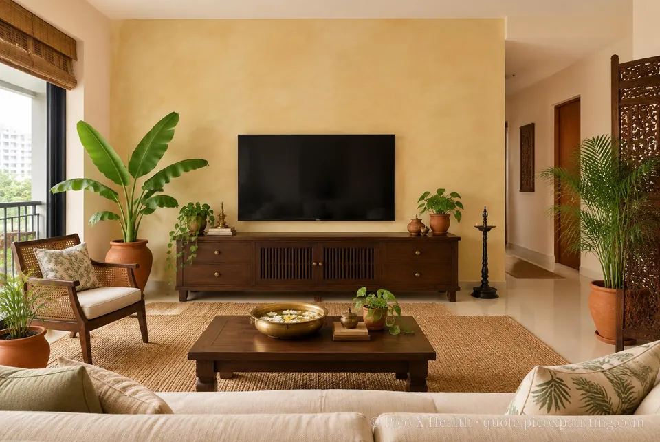 Kerala Courtyard Soft / Airy living room — Gush Core/Care Private Island (PI011A) walls with a Raffles Sugar Terra limewash feature wall and Kerala Courtyard furnishings