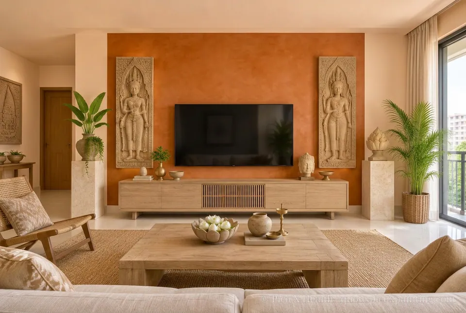 Khmer Temple Rich / Statement living room — Gush Core/Care Breadwinner (NE028B) walls with a Raffles Burnt Amber limewash feature wall and Khmer Temple furnishings
