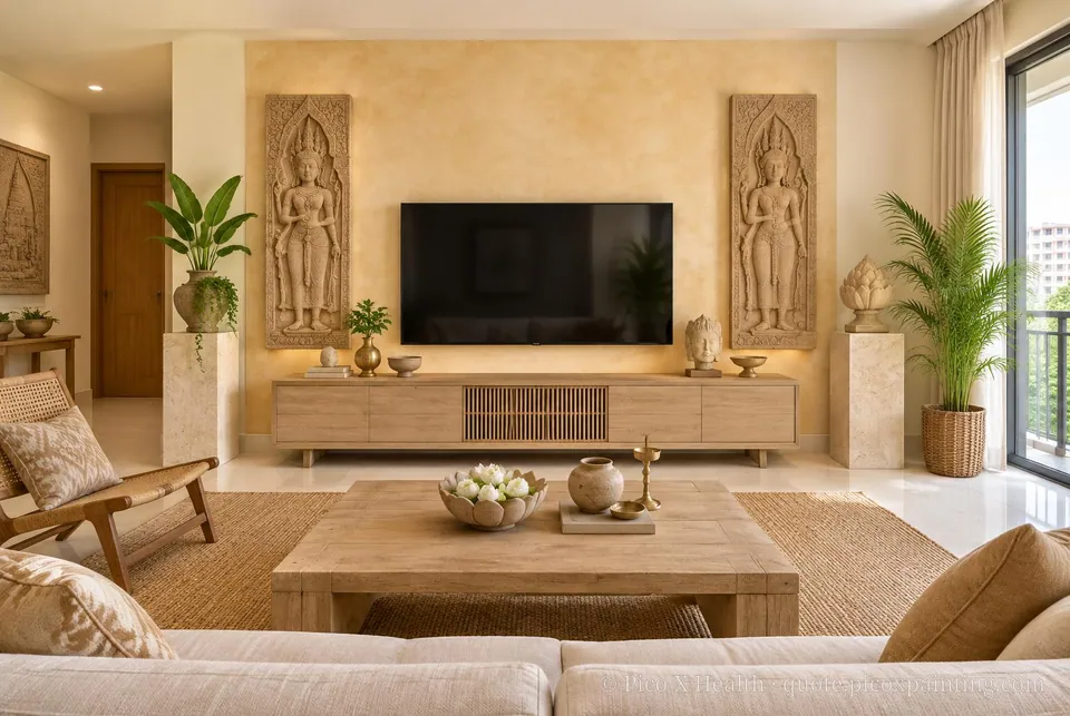 Khmer Temple Soft / Airy living room — Gush Core/Care Deckchair (NE047A) walls with a Raffles Sugar Terra limewash feature wall and Khmer Temple furnishings