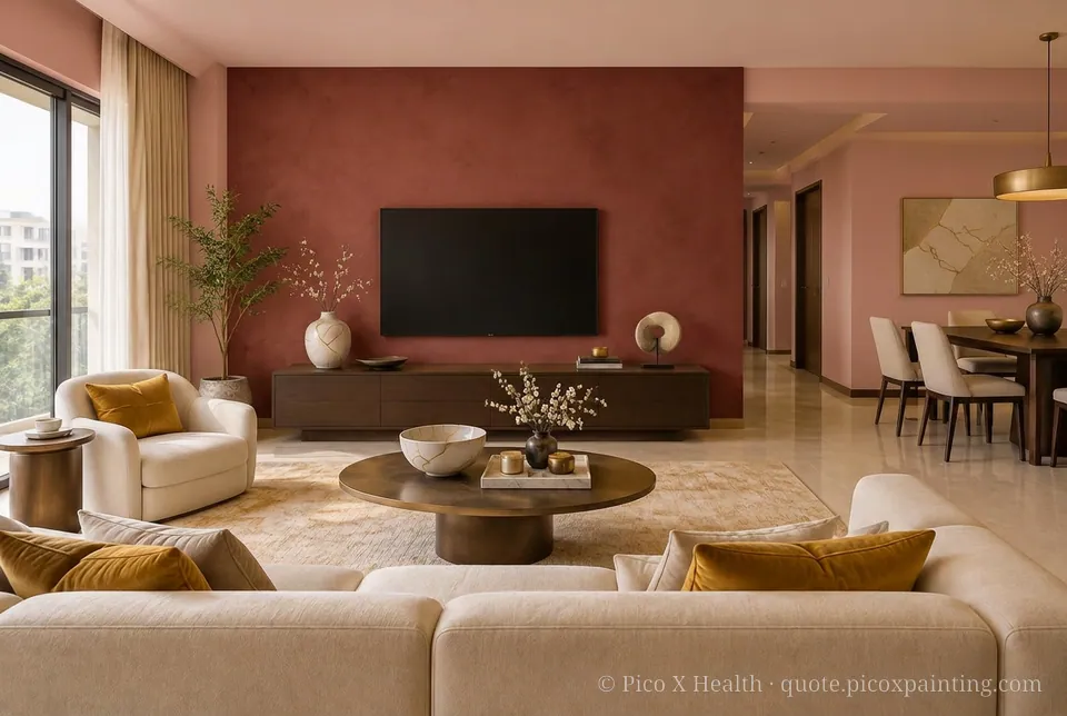 Kintsugi Rich / Statement living room — Gush Core/Care Date Night (RE000B) walls with a Raffles Burgundy Bazaar limewash feature wall and Kintsugi furnishings