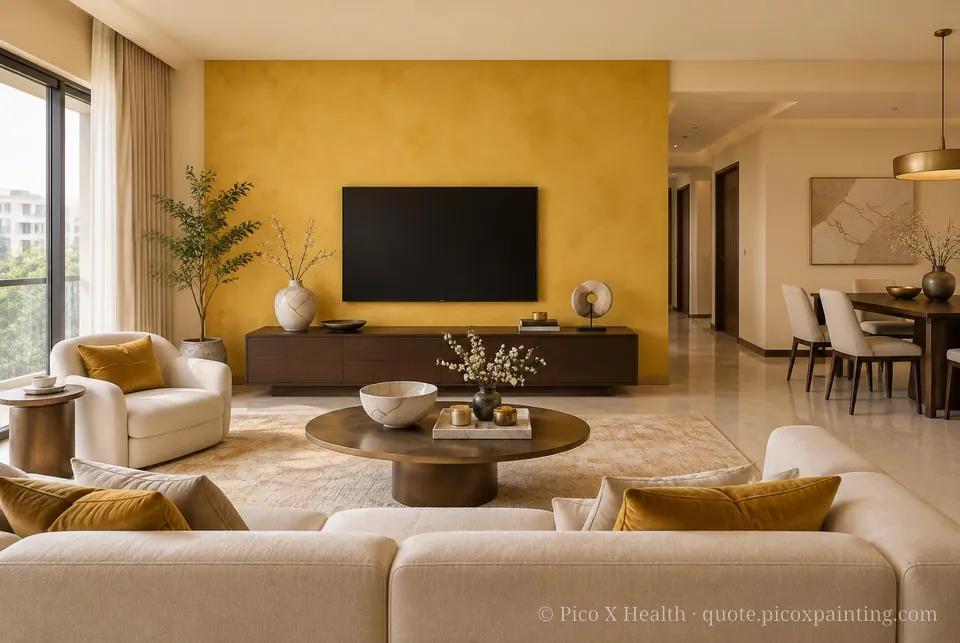 Kintsugi Soft / Airy living room — Gush Core/Care Maple Butter (YE003A) walls with a Raffles Golden Euphoria limewash feature wall and Kintsugi furnishings