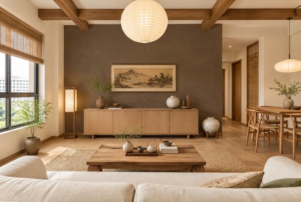 Korean Hanok Rich / Statement living room — Gush Core/Care Sandy Mandy (NE005B) walls with a Raffles Mocha Silk limewash feature wall and Korean Hanok furnishings