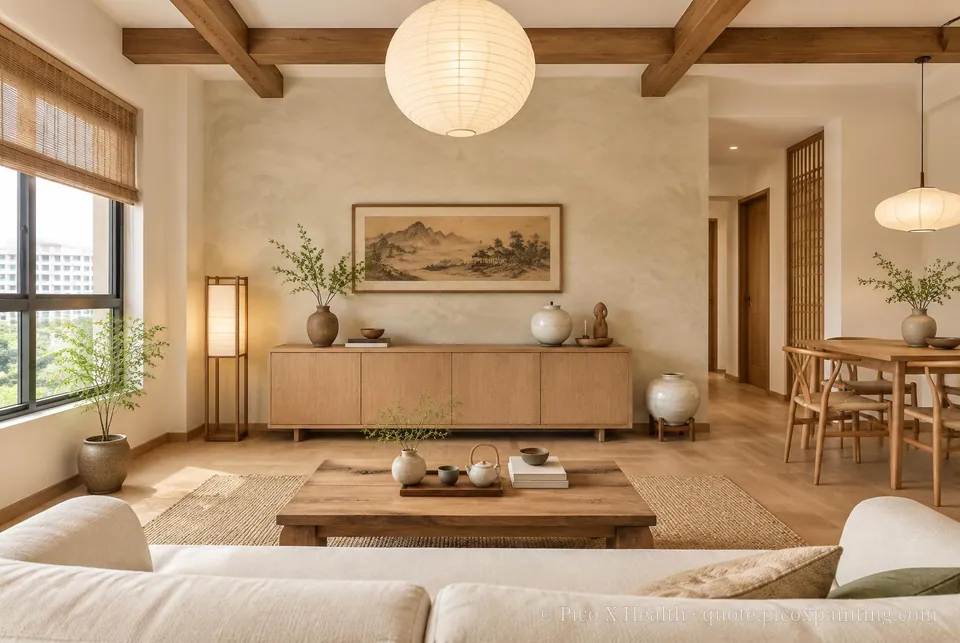 Korean Hanok Soft / Airy living room — Gush Core/Care Tangyuan (WH007A) walls with a Raffles Champange Cream limewash feature wall and Korean Hanok furnishings