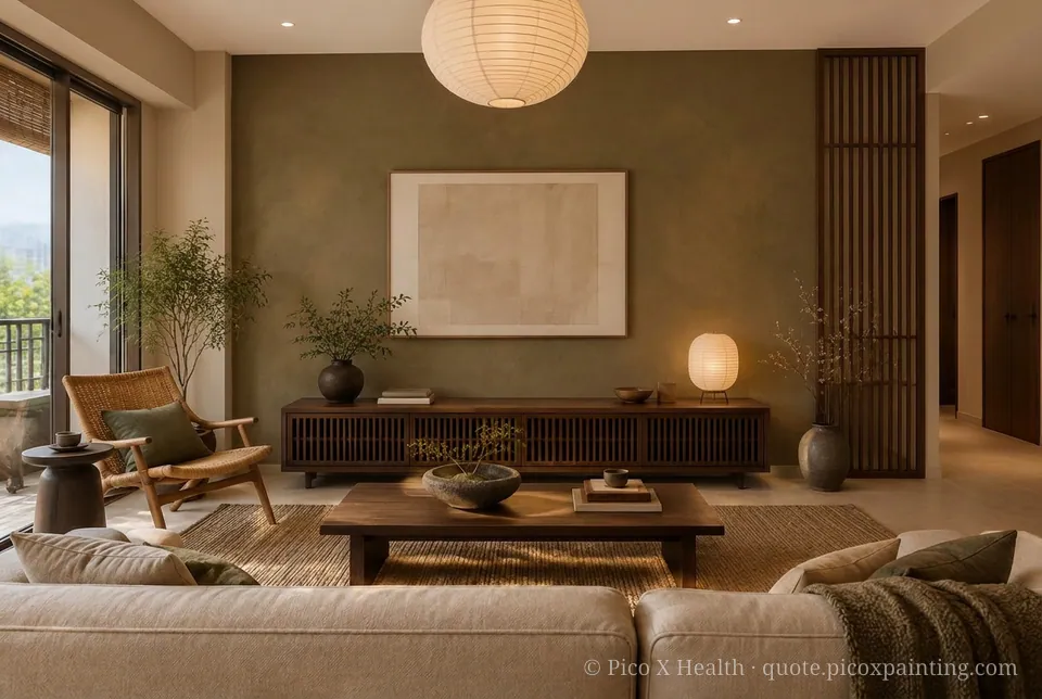 Kyoto Machiya Rich / Statement living room — Gush Core/Care Coffee Beam (NE015B) walls with a Raffles Toffee Delight limewash feature wall and Kyoto Machiya furnishings