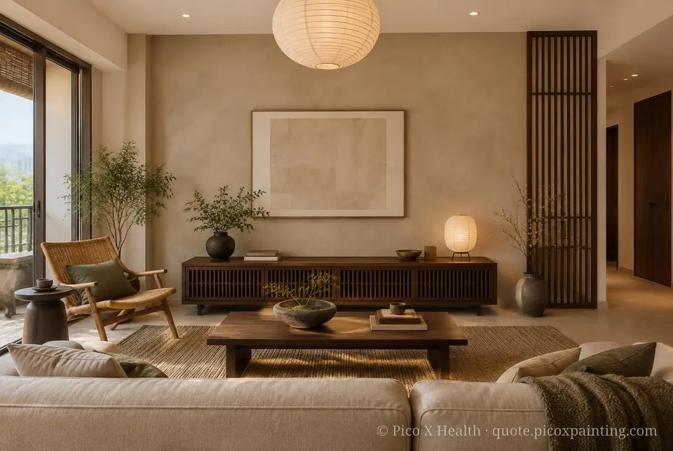 Kyoto Machiya Soft / Airy living room — Gush Core/Care Retriever (NE014B) walls with a Raffles Mocha Silk limewash feature wall and Kyoto Machiya furnishings