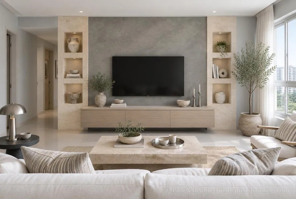 Levantine Stone Rich / Statement living room — Gush Core/Care Skydiver (XR003A) walls with a Raffles Gravel Gray limewash feature wall and Levantine Stone furnishings