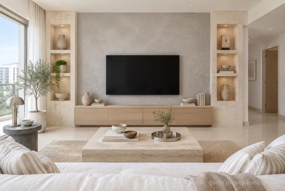 Levantine Stone Soft / Airy living room — Gush Core/Care Linen (XR010A) walls with a Raffles Cement Gray limewash feature wall and Levantine Stone furnishings