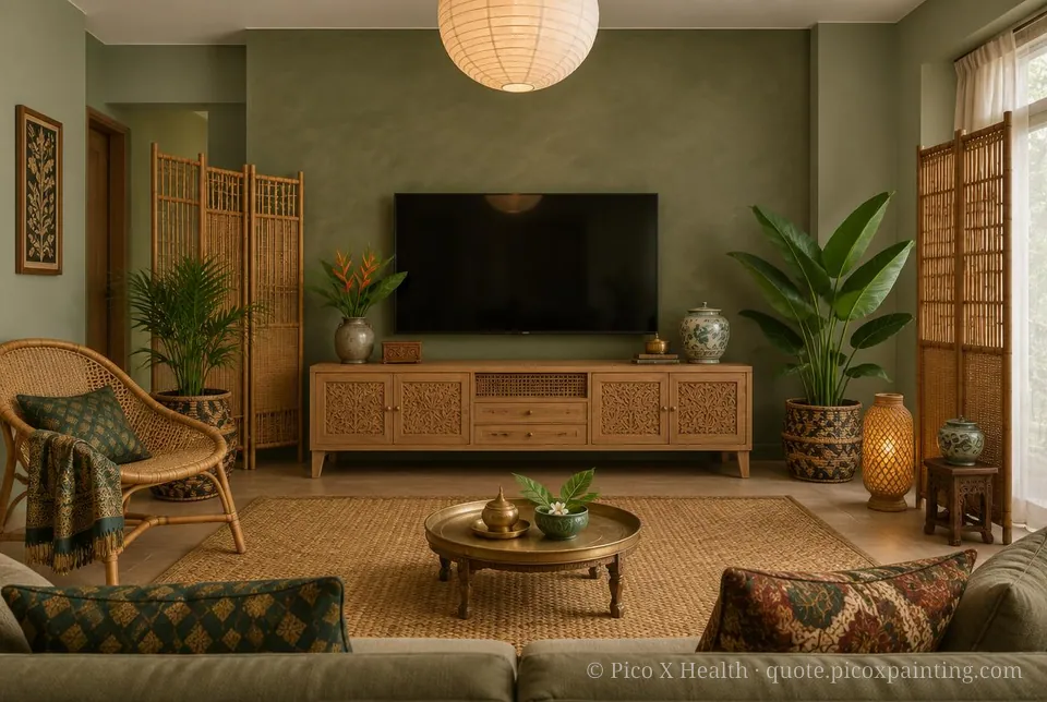 Malay Kampung Rich / Statement living room — Gush Core/Care Malfoy (GR020B) walls with a Raffles Olive Overturn limewash feature wall and Malay Kampung furnishings