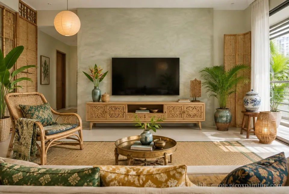 Malay Kampung Soft / Airy living room — Gush Core/Care Sage Wand (GR016A) walls with a Raffles Silver Sage limewash feature wall and Malay Kampung furnishings