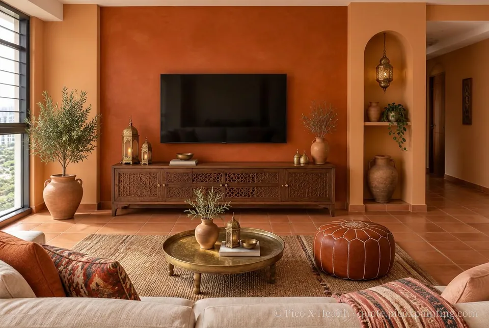 Marrakech Clay Rich / Statement living room — Gush Core/Care Supper Stretch (OR005B) walls with a Raffles Burnt Amber limewash feature wall and Marrakech Clay furnishings