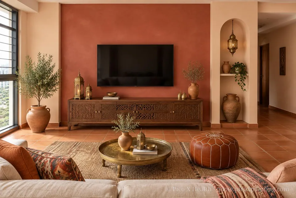 Marrakech Clay Soft / Airy living room — Gush Core/Care Breadwinner (NE028B) walls with a Raffles Terracota limewash feature wall and Marrakech Clay furnishings
