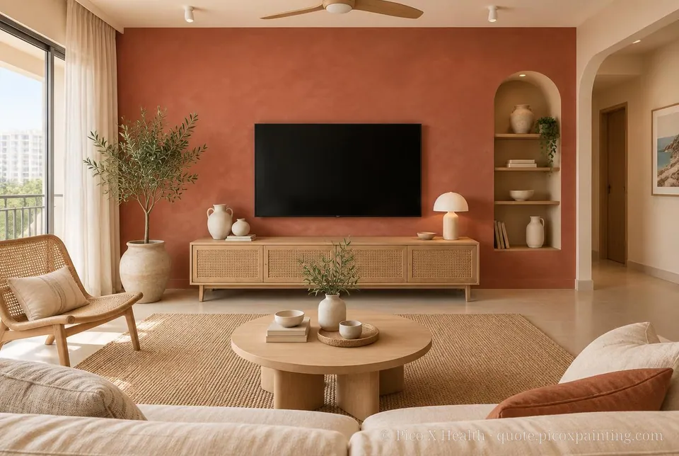 Mediterranean Minimal Rich / Statement living room — Gush Core/Care Breadwinner (NE028B) walls with a Raffles Terracota limewash feature wall and Mediterranean Minimal furnishings
