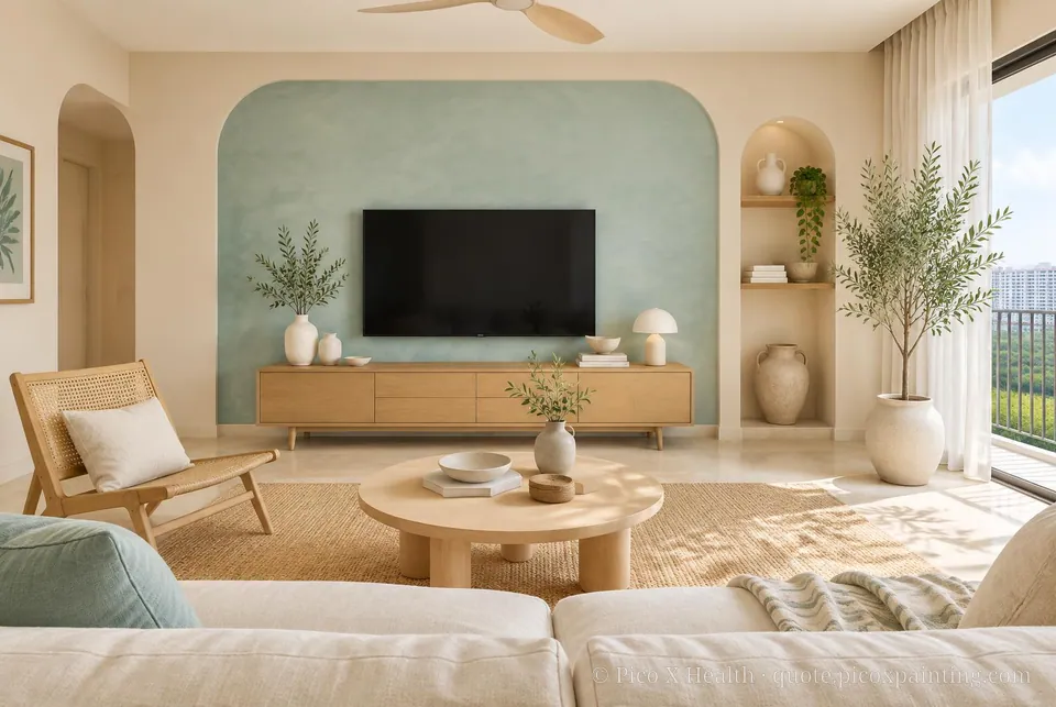 Mediterranean Minimal Soft / Airy living room — Gush Core/Care Private Island (PI011A) walls with a Raffles Aqua Fern limewash feature wall and Mediterranean Minimal furnishings