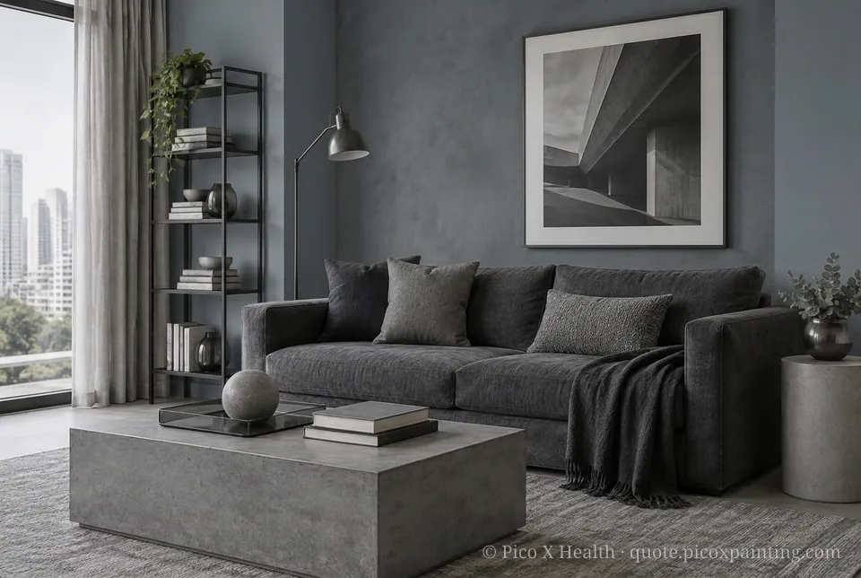 Melbourne Contemporary Rich / Statement living room — Gush Core/Care Stellar (XR056B) walls with a Raffles Dark Sky limewash feature wall and Melbourne Contemporary furnishings