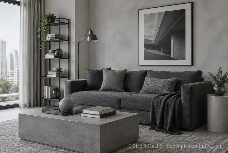 Melbourne Contemporary Soft / Airy living room — Gush Core/Care Cooldown (XR001A) walls with a Raffles Cement Gray limewash feature wall and Melbourne Contemporary furnishings