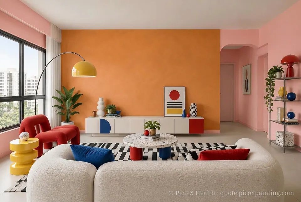 Memphis Rich / Statement living room — Gush Core/Care Shortcake (PI020A) walls with a Raffles Mandarin Mirage limewash feature wall and Memphis furnishings